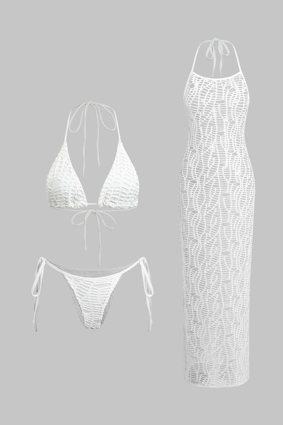 Dokulu Halter Yaka Bikini ve Açık Örgü Plaj Kıyafeti Seti