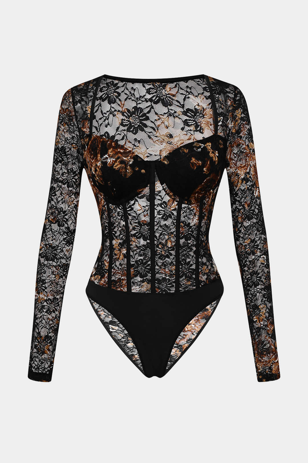 Şeffaf Dantel Korse Uzun Kollu Kadın İç Giyim Bodysuit