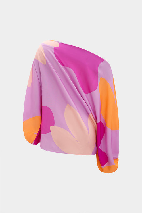 Abstrakt Baskı Fırfırlı Asimetrik Tek Omuz Uzun Kol Bluz ve Franjlı Etek Seti