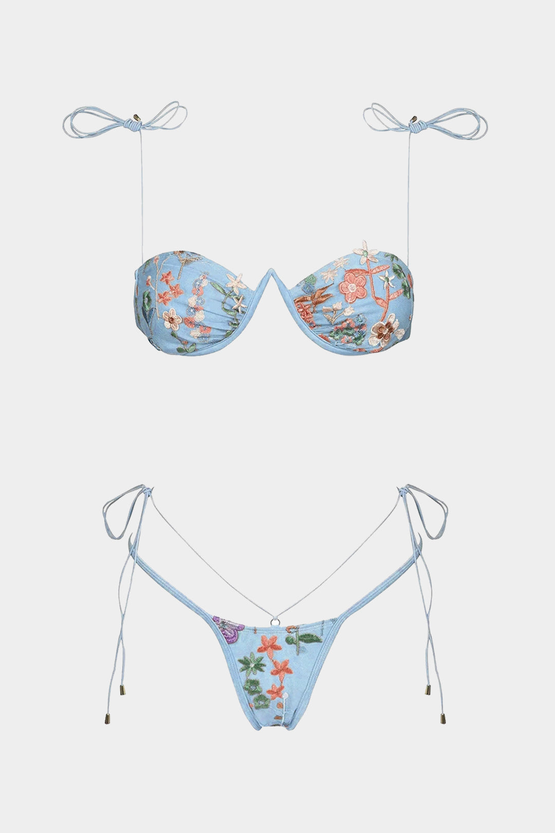 Ağ Mesh Nakışlı Renkli Büzgülü Bikini Seti
