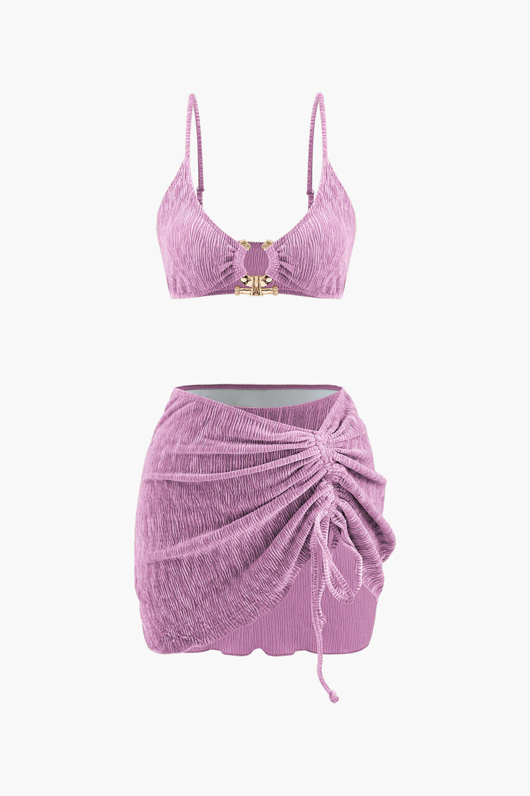 Kadife Dokulu U Halka Bikini ve Pareo 3 Parça Set