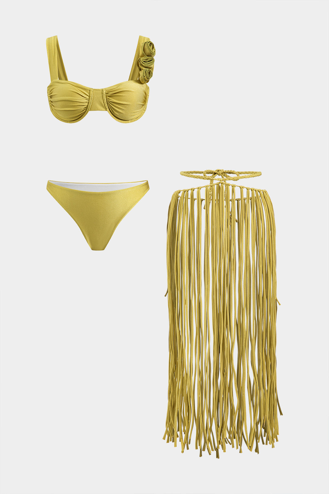 3D Çiçek Fırfırlı Bikini Ve Franjı Çekmeli Kapama Üç Parça Set