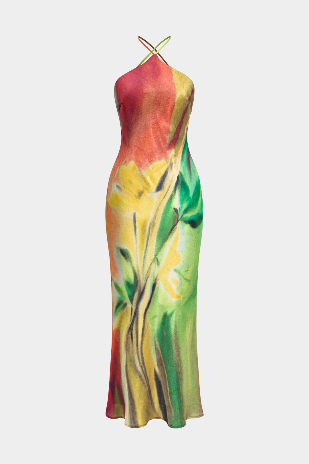 Çiçek Desenli Halter Yaka Sırt Açık Maxi Elbise