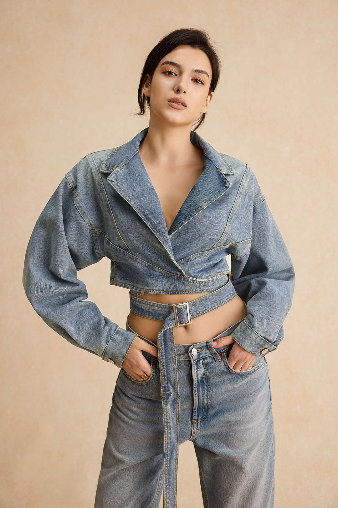 Mavi Kruvaze Bağcıklı Önden Düğme Detaylı Denim Ceket