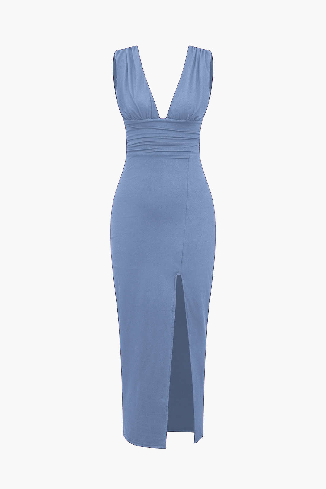 Siyah Sırtı Açık Büzgülü Yırtmaçlı Polyester Elbise