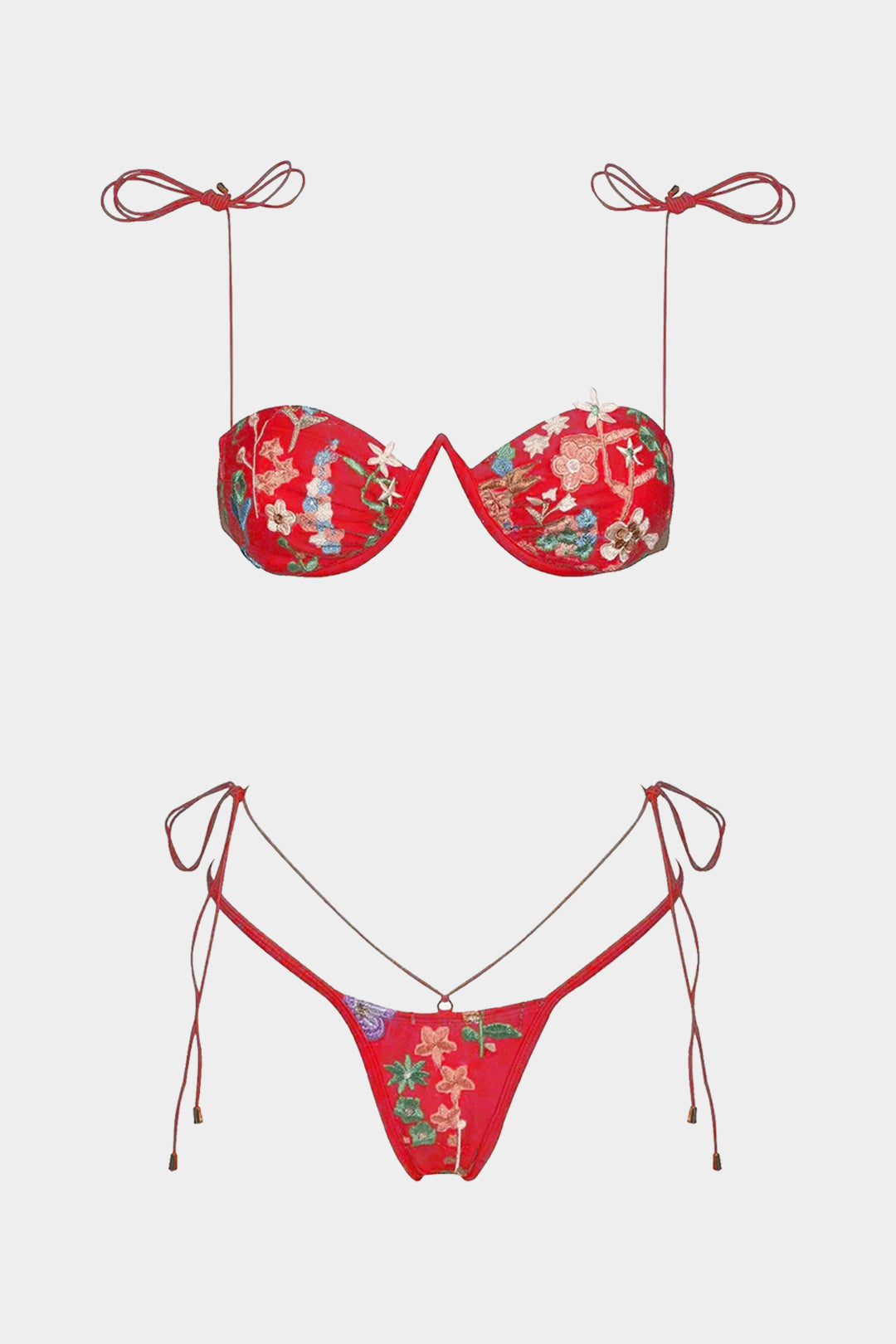 Ağ Mesh Nakışlı Renkli Büzgülü Bikini Seti