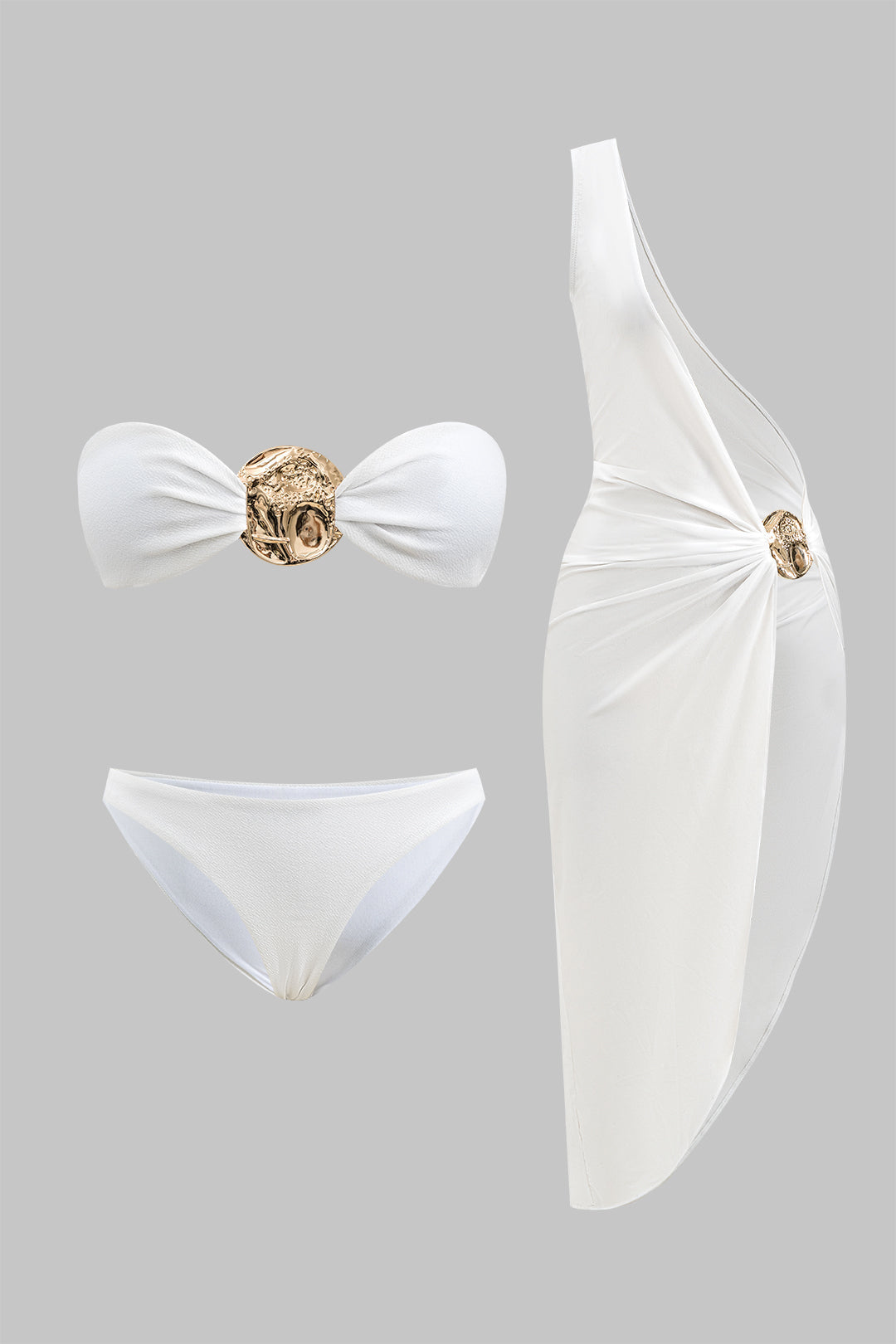 Metalik Volanlı Sırt Açık Bikini ve Tek Omuz Kapatma Seti