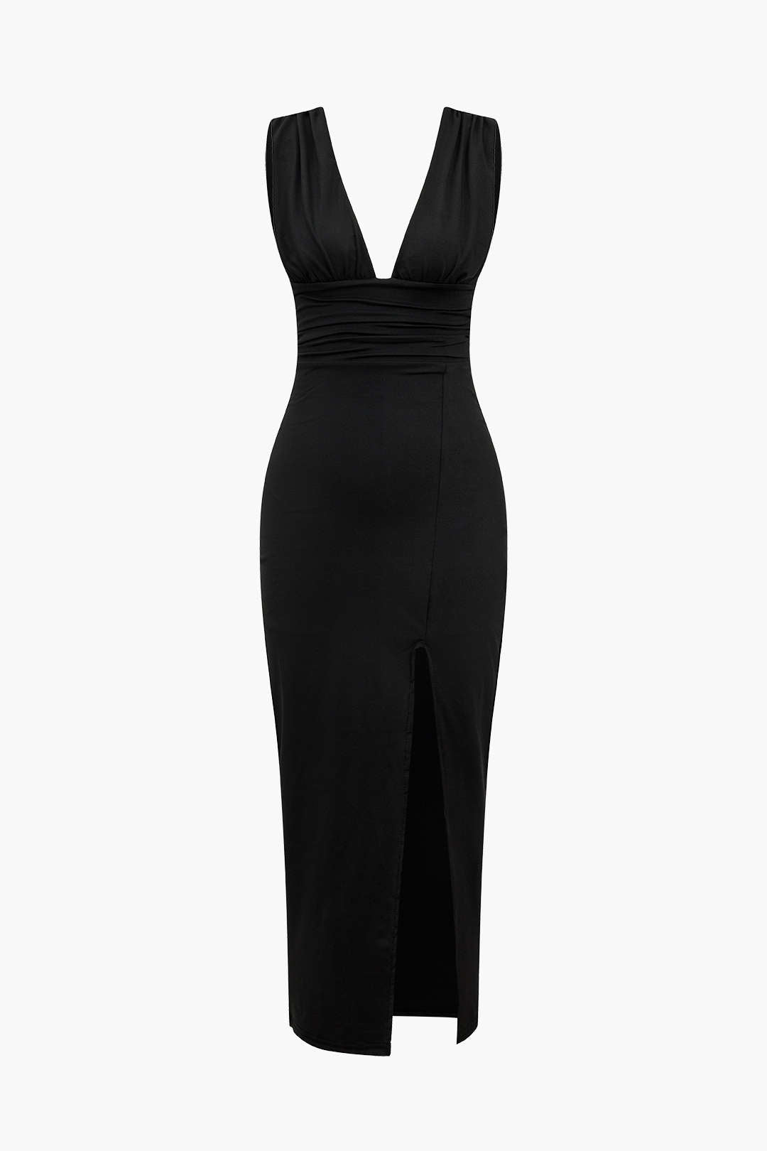 Siyah Sırtı Açık Büzgülü Yırtmaçlı Polyester Elbise