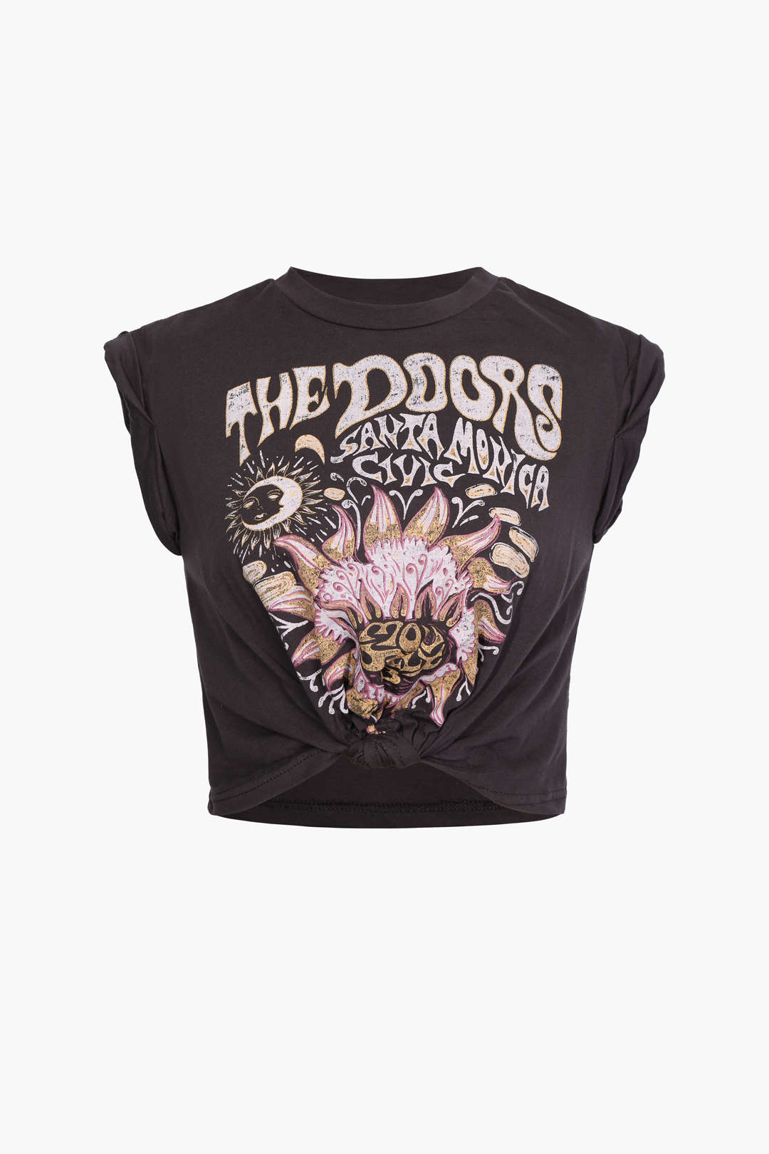 Çiçek Desenli Kenar Düğümlü Kısa Kol T-Shirt