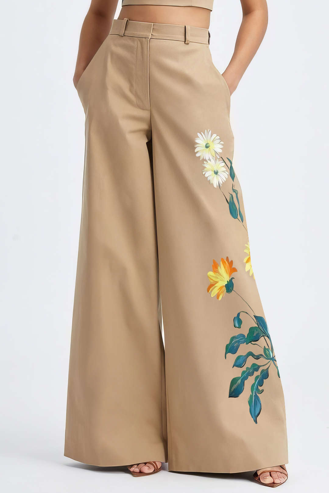 Floral Leaves Print Pocket Wide Leg Trousers