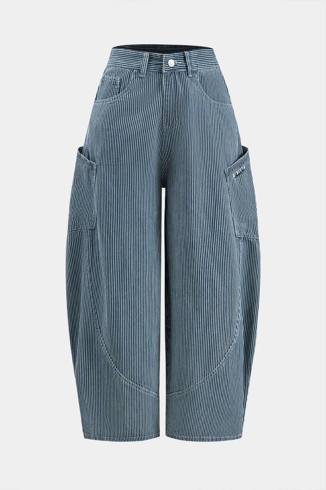 Harf Nakışlı Denim Çizgili Düğme Cep Geniş Paça Fıçı Kot Pantolon