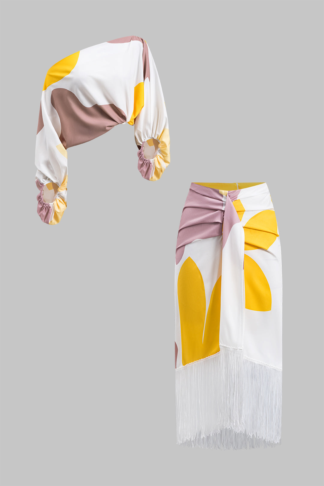 Abstrakt Baskı Fırfırlı Asimetrik Tek Omuz Uzun Kol Bluz ve Franjlı Etek Seti