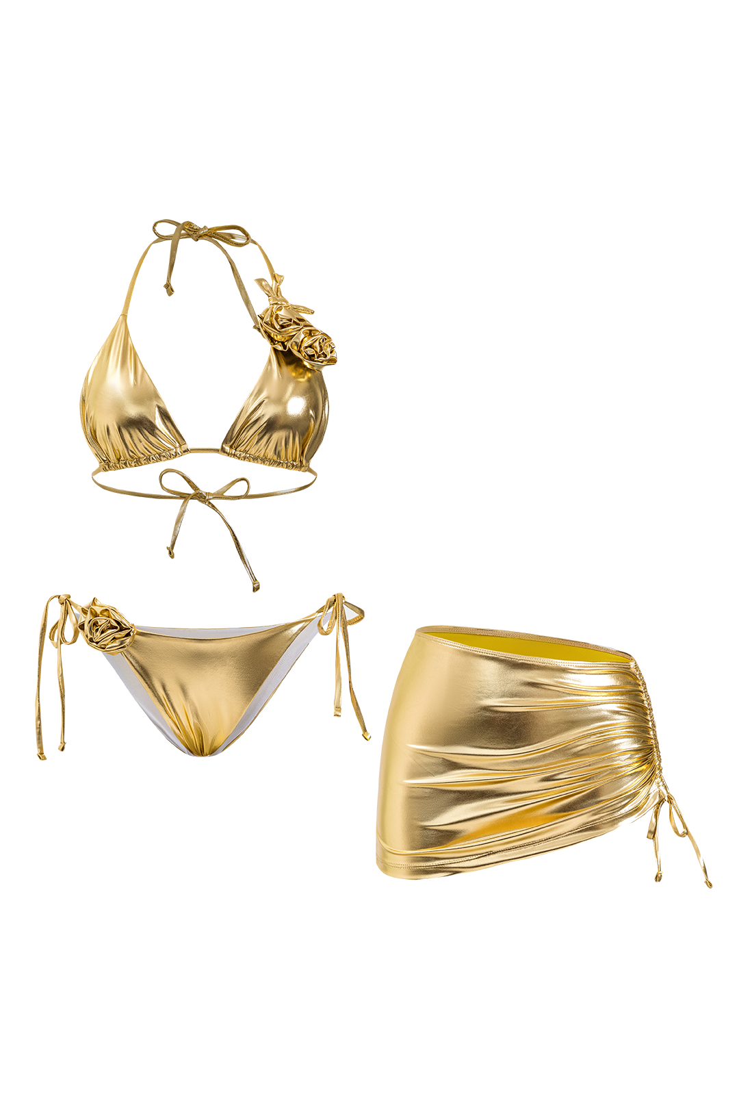 3D Çiçek Desenli Kırışık Bağcıklı Bikini ve Etek Seti