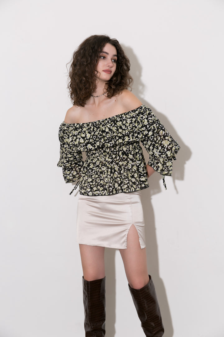 Omuzdan Açık Şifon Peplum Üst Şık Bluz Trend Moda Klasik