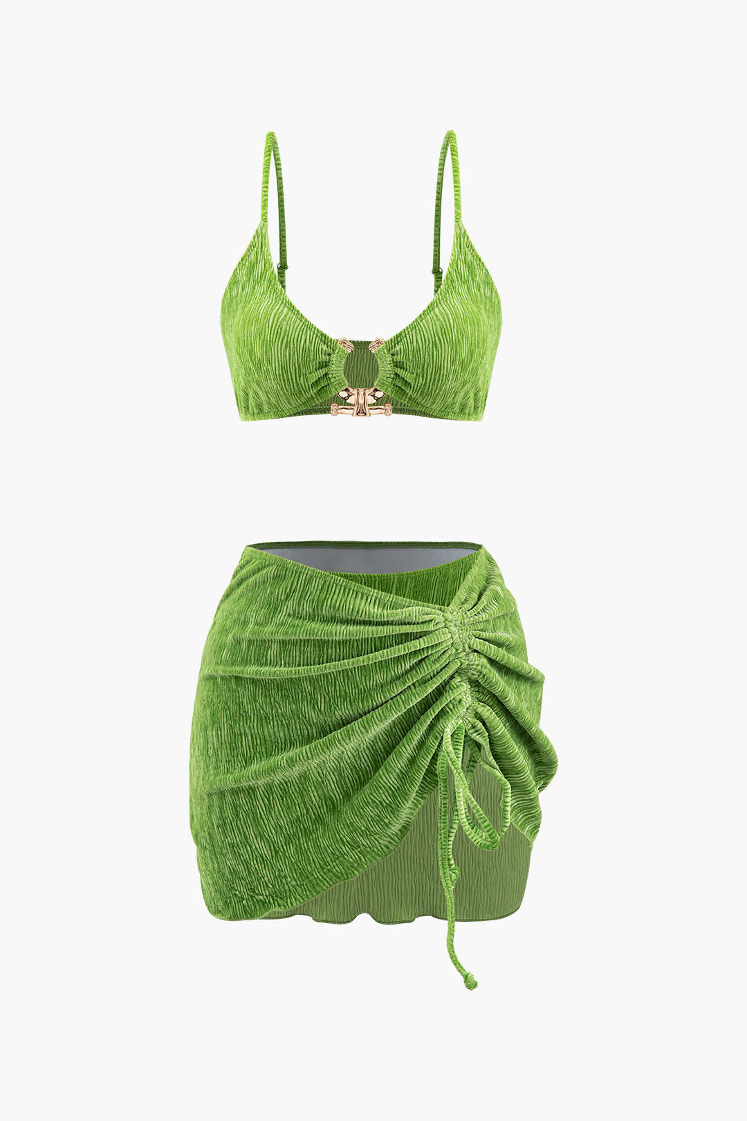 Kadife Dokulu U Halka Bikini ve Pareo 3 Parça Set