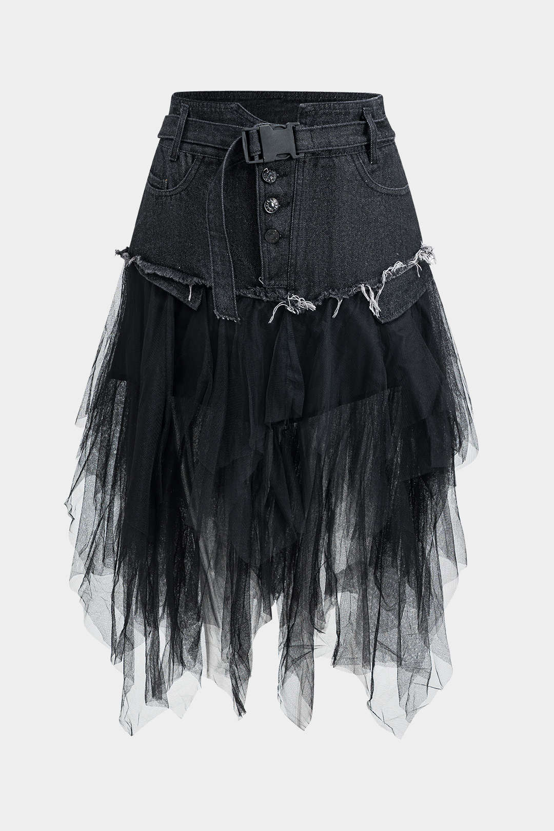 Denim Ağ Mesh Patchwork Kemerli Düğmeli Cepli Etek