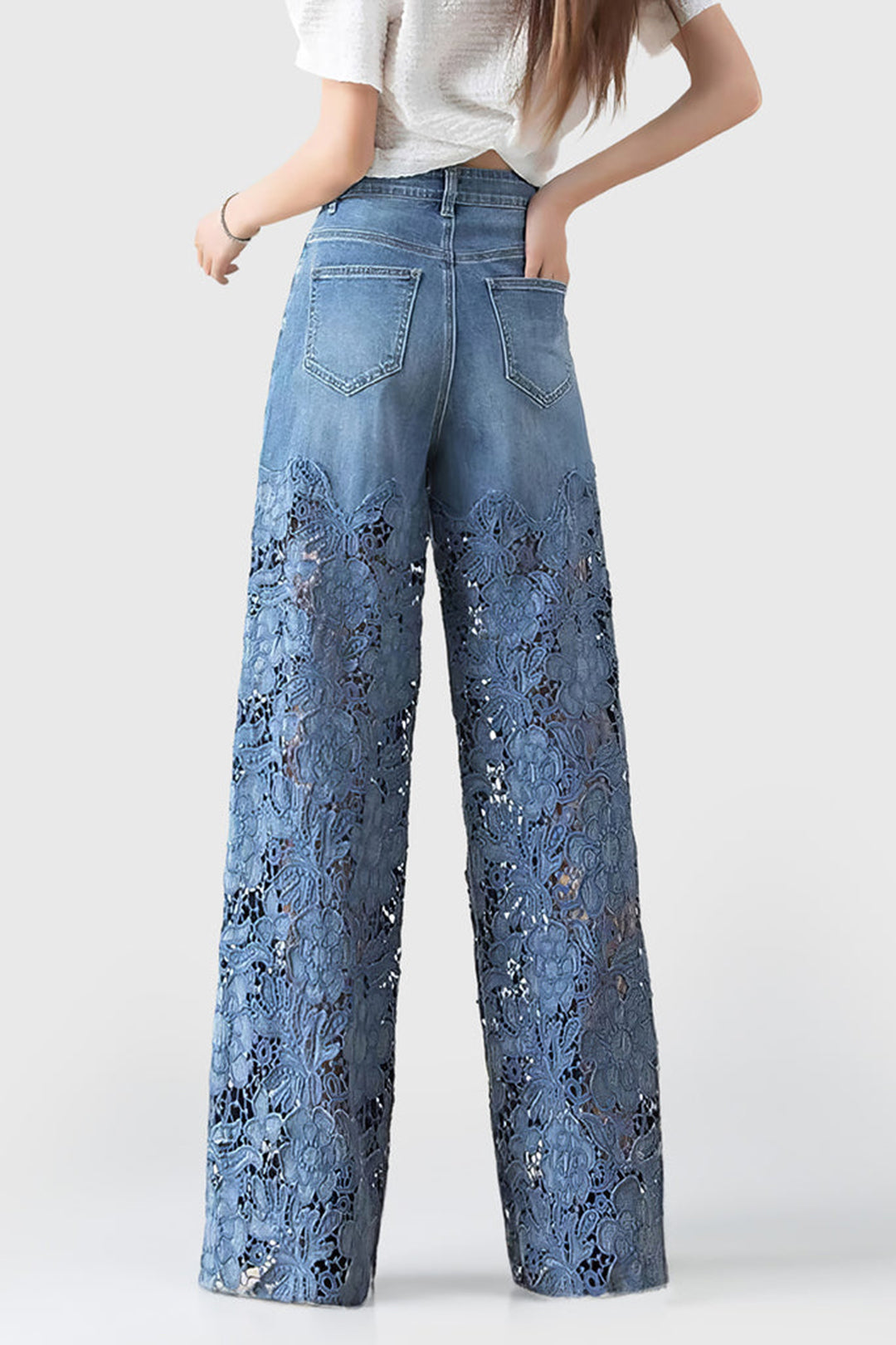 Dantel Kesim Yamalı Geniş Paça Kot Pantolon