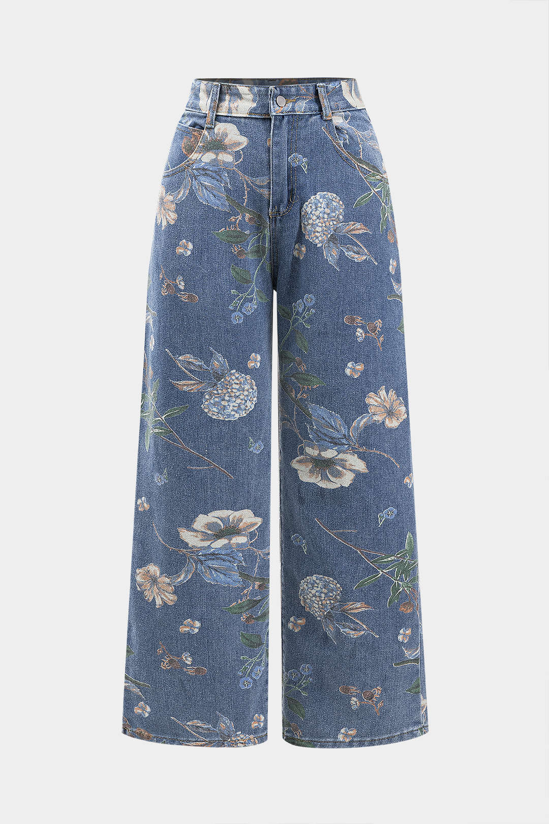 Retro Çiçek Desenli Denim Düğmeli Cepli Geniş Paça Kot Pantolon
