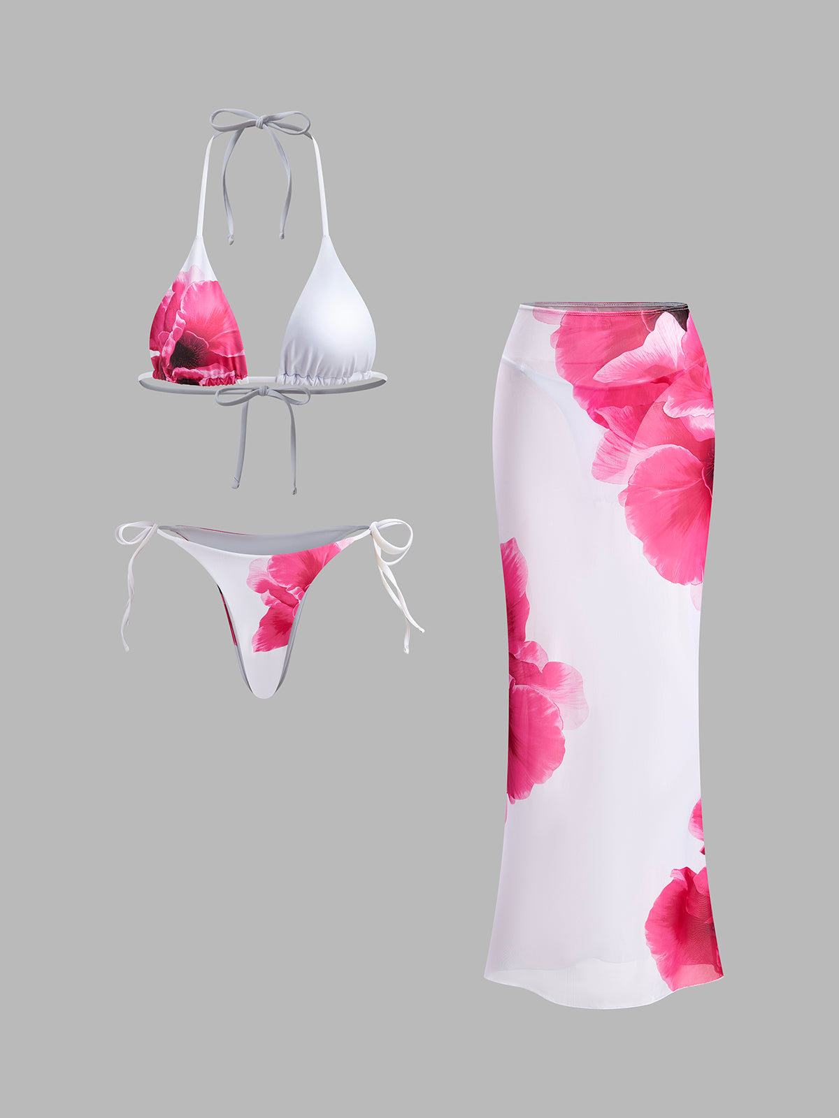 Cazip Çiçekli Bikini Seti Şeffaf Etek ile Birlikte