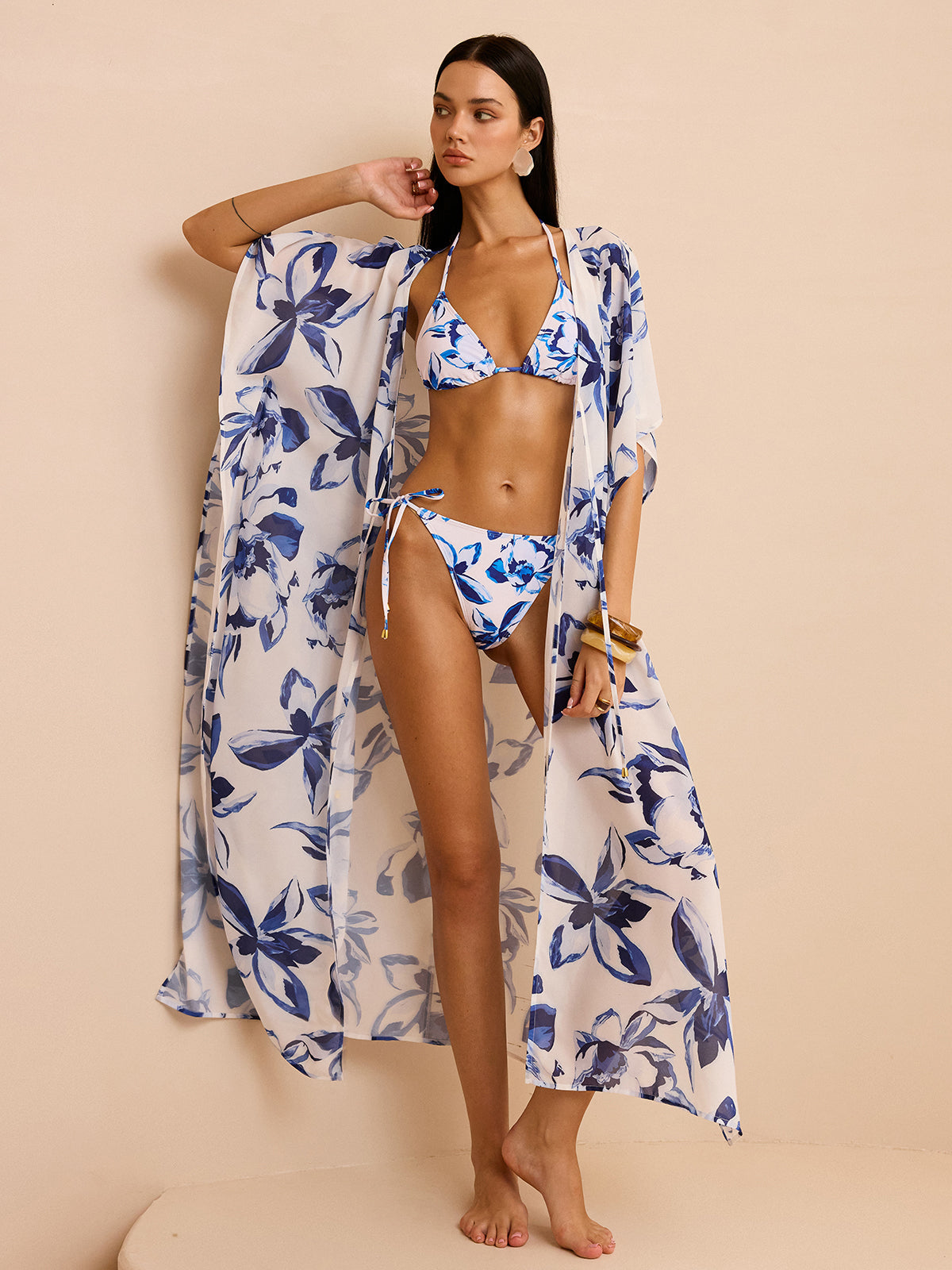 Şık Çiçek Desenli Şeffaf Kimono Bağcıklı Kemerli