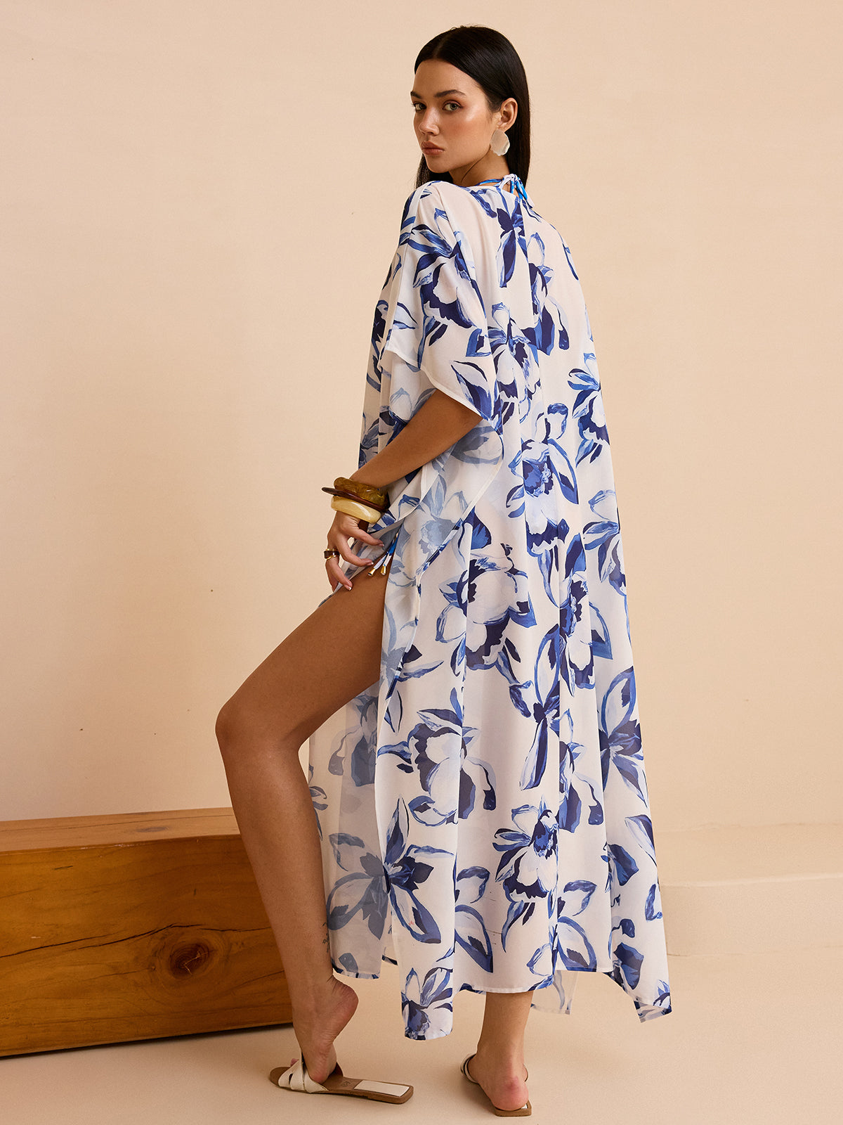 Şık Çiçek Desenli Şeffaf Kimono Bağcıklı Kemerli