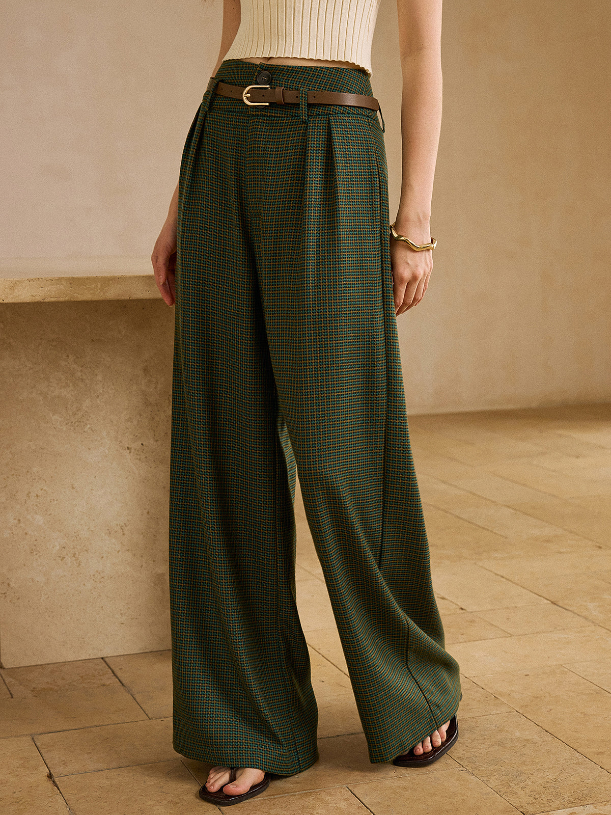 Çok Renkli Kemerli Polyester Karışımlı Kumaş Pantolon