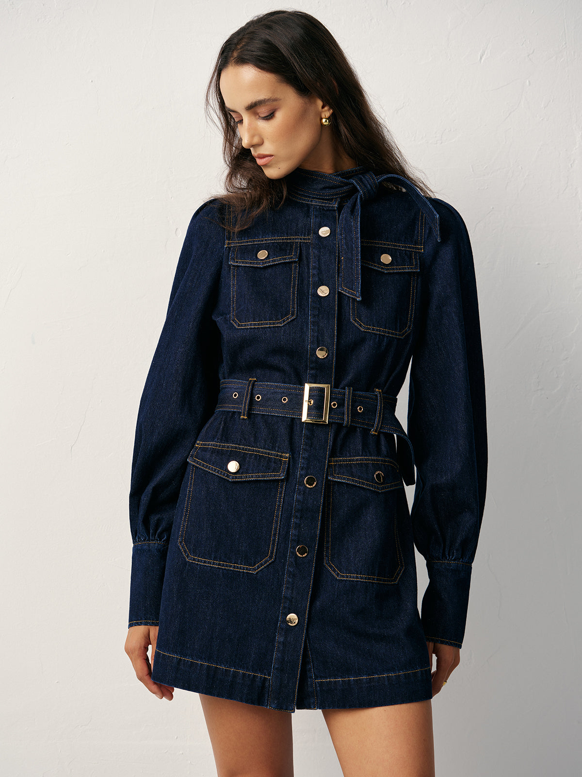 Koyu Mavi KemerliDüğmeliBağlamaDetaylı Denim Elbise