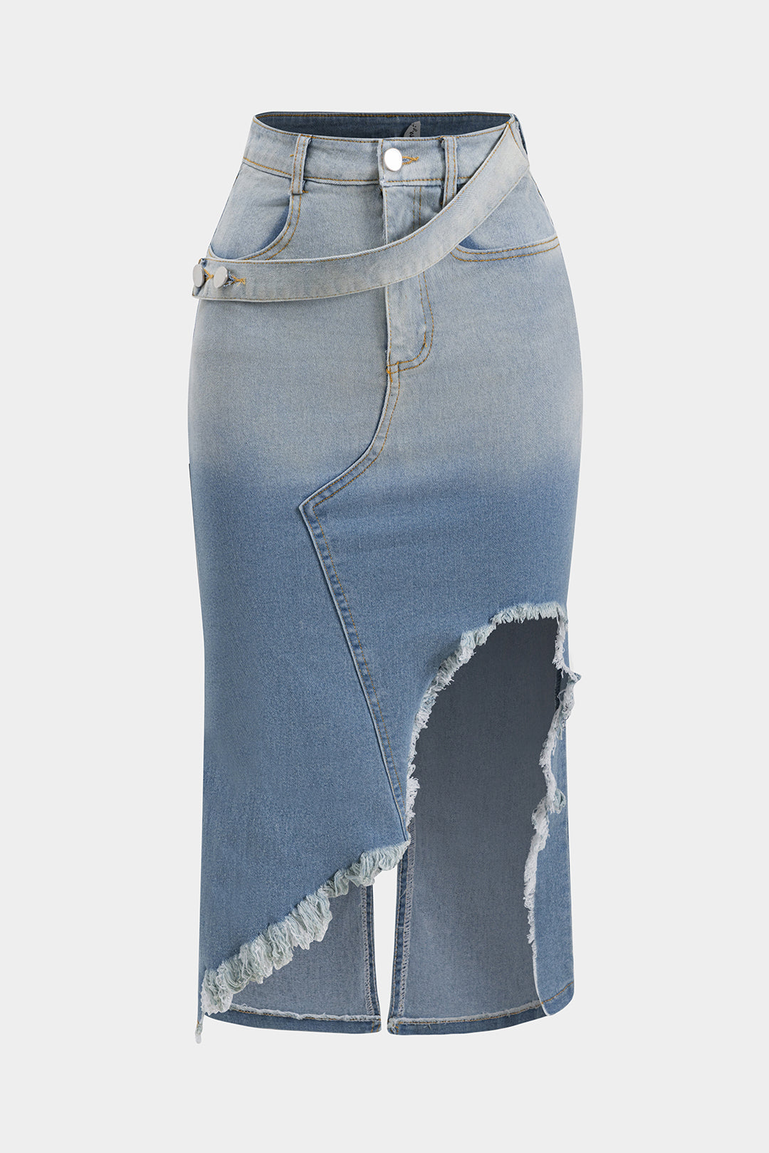 Büzgülü Tek Omuz Asimetrik Çekme Üst ve Denim Yıkanmış Düğme Cepli Yarık Etek Seti