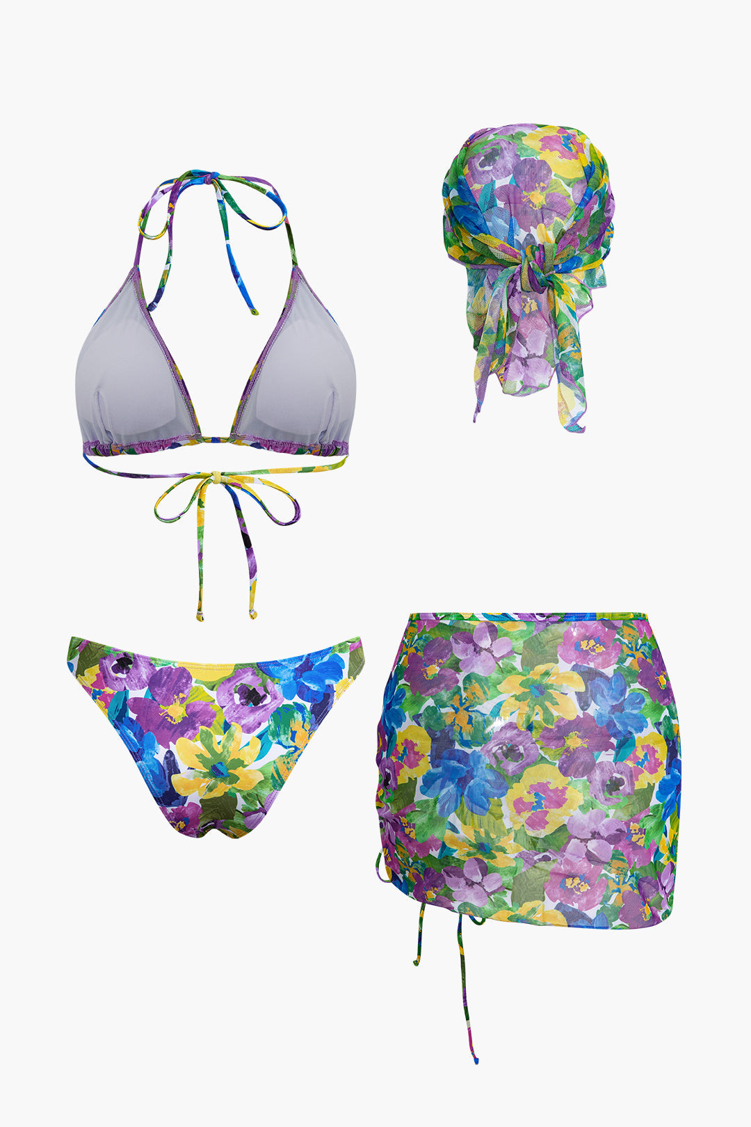 Çiçek Desenli Bikini Seti Eşleşen Etek Kapama ve Baş Örtüsü ile