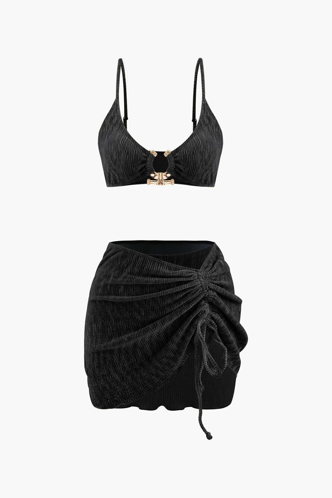 Kadife Dokulu U Halka Bikini ve Pareo 3 Parça Set