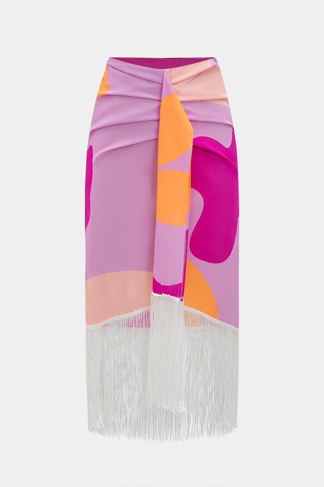 Abstrakt Baskı Fırfırlı Asimetrik Tek Omuz Uzun Kol Bluz ve Franjlı Etek Seti