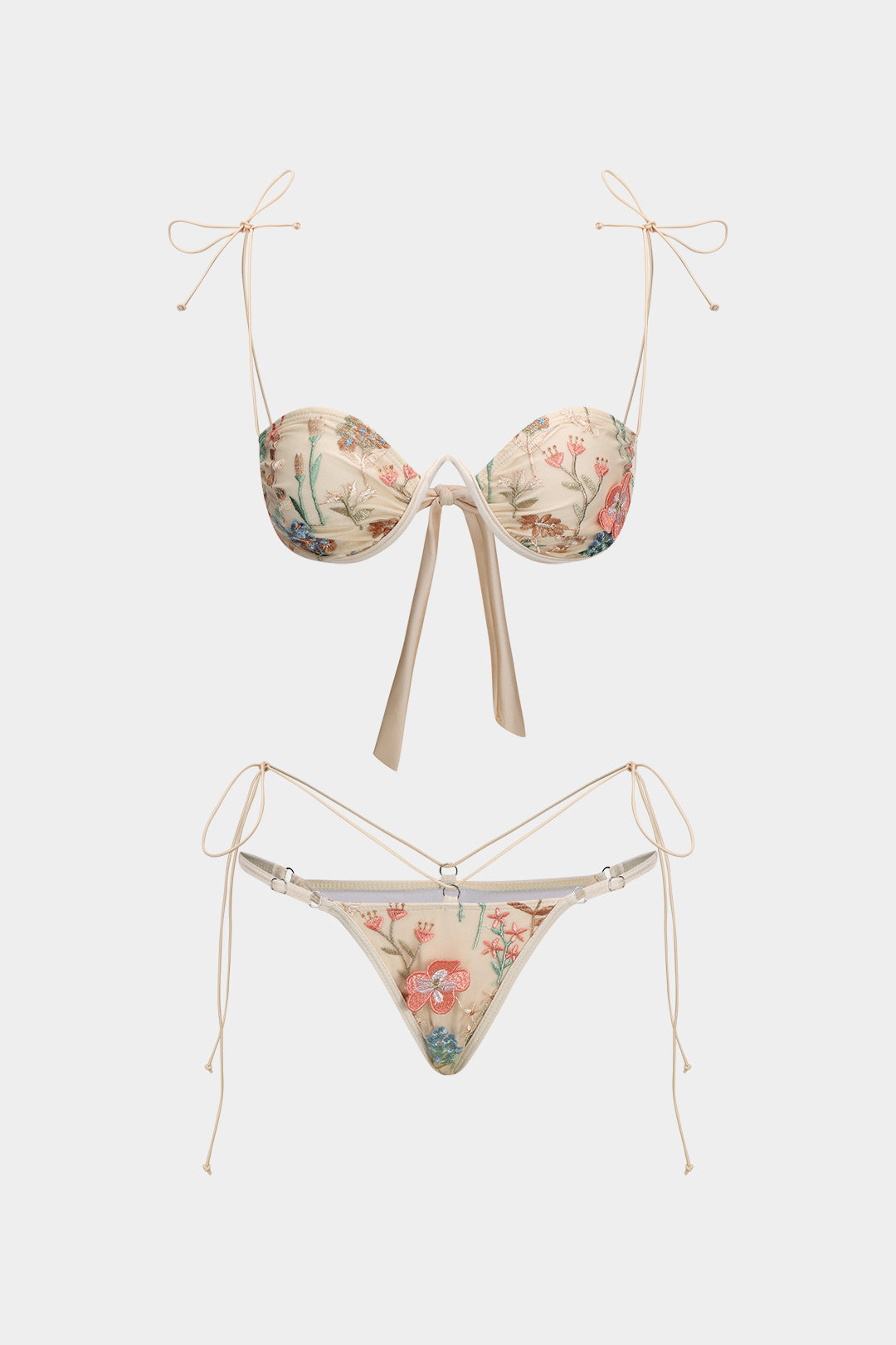 Ağ Mesh Nakışlı Renkli Büzgülü Bikini Seti