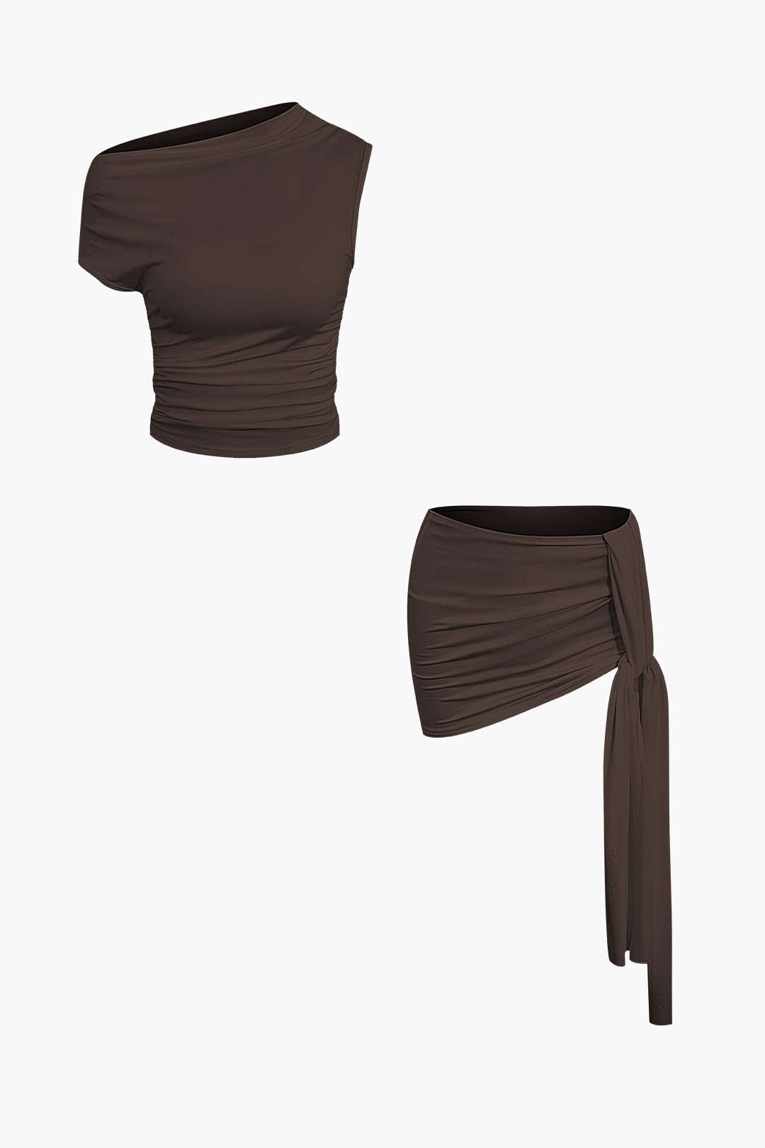 Basic Asimetrik Yırtmaçlı Crop Top Ve Bağlamalı Mini Etek Seti