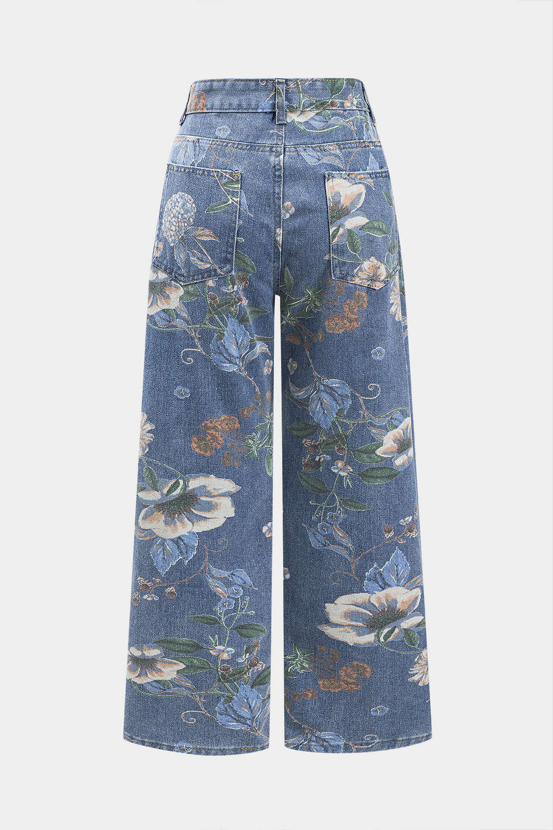 Retro Çiçek Desenli Denim Düğmeli Cepli Geniş Paça Kot Pantolon
