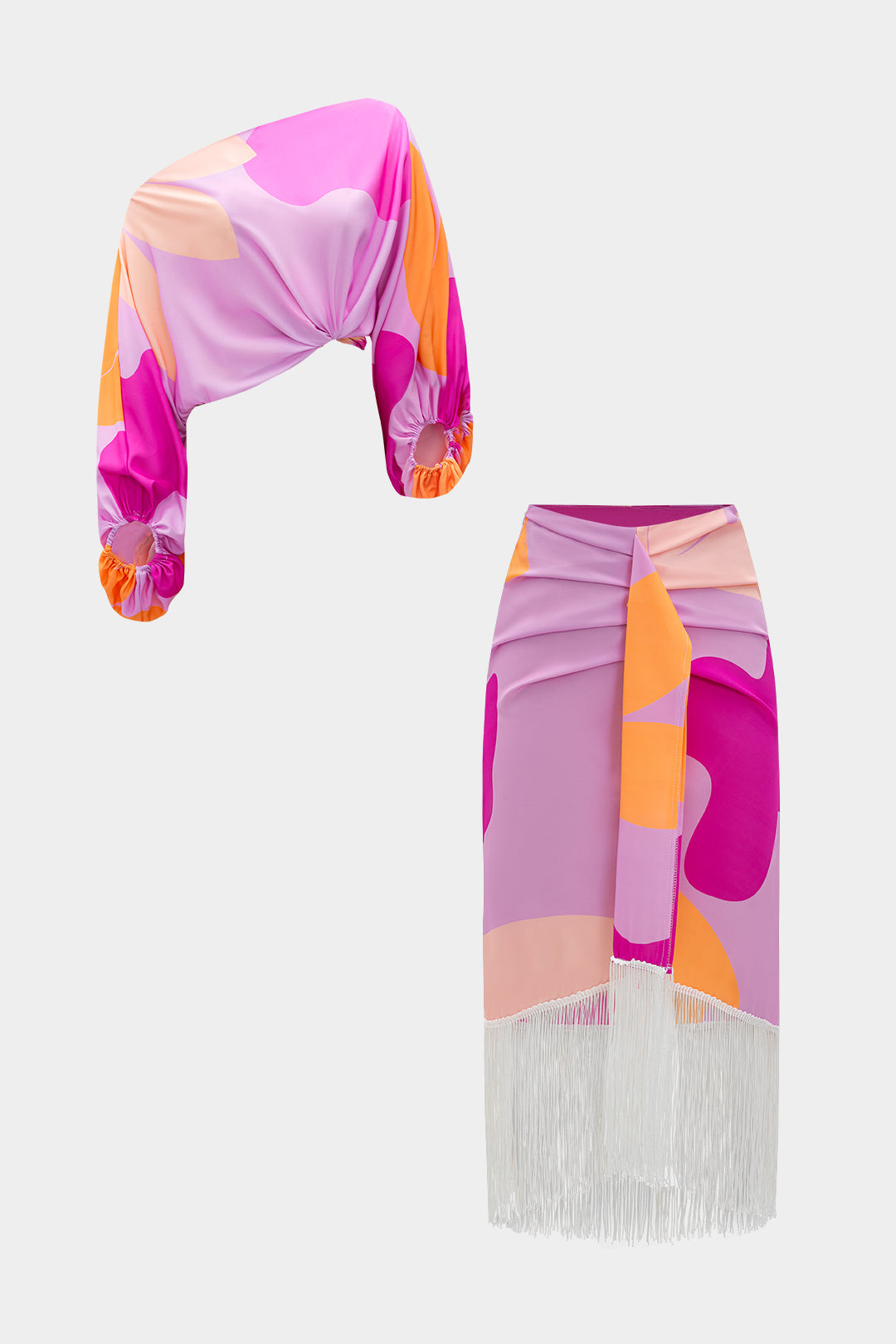 Abstrakt Baskı Fırfırlı Asimetrik Tek Omuz Uzun Kol Bluz ve Franjlı Etek Seti