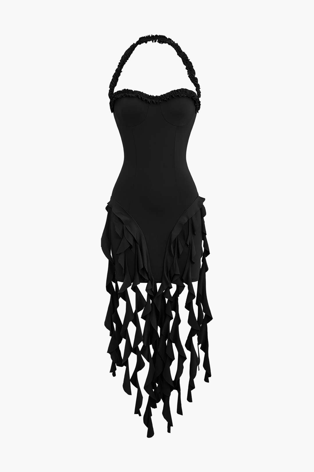 Volanlı Püskül Halter Bustiyer Mini Elbise