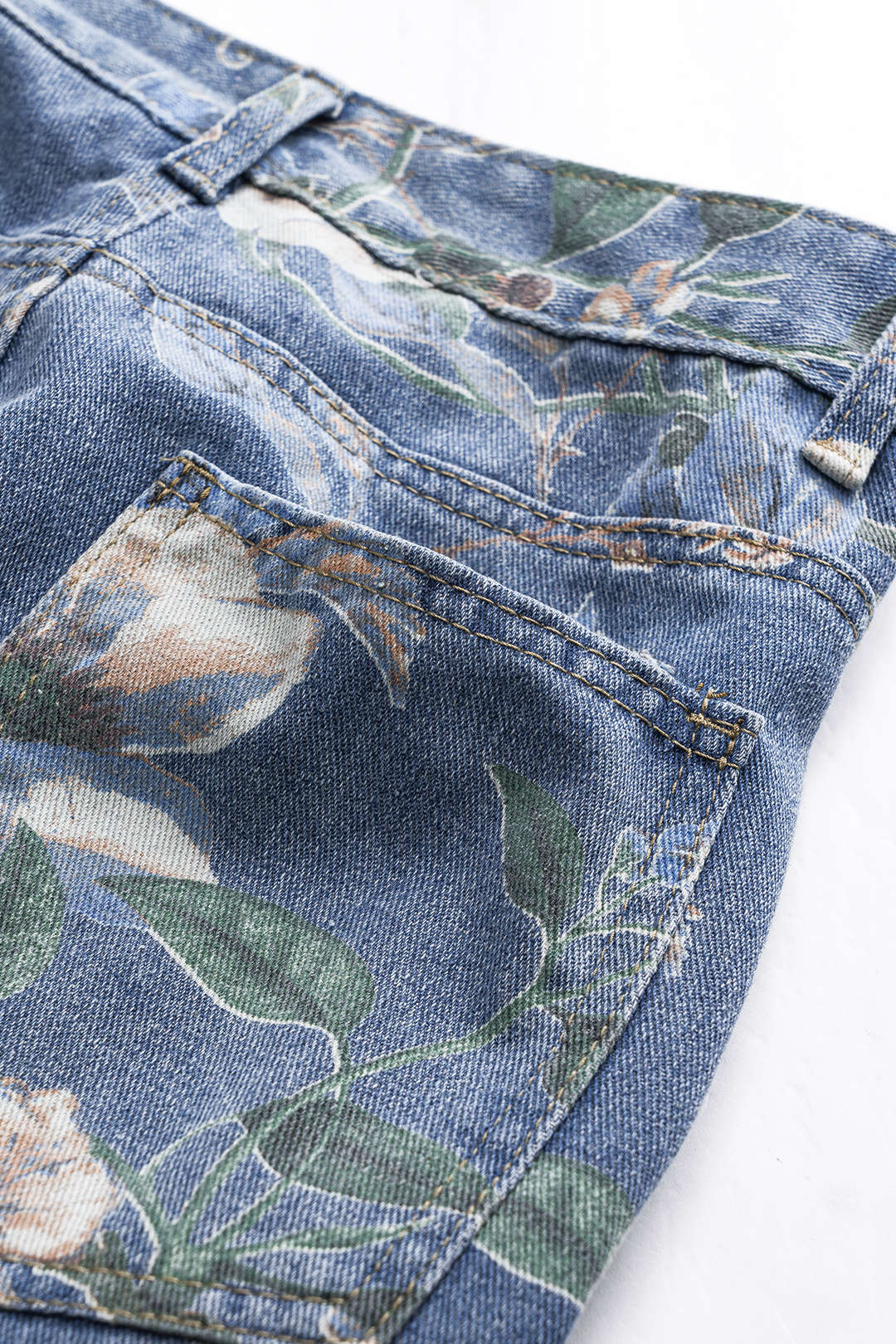 Retro Çiçek Desenli Denim Düğmeli Cep Geniş Paça Jean