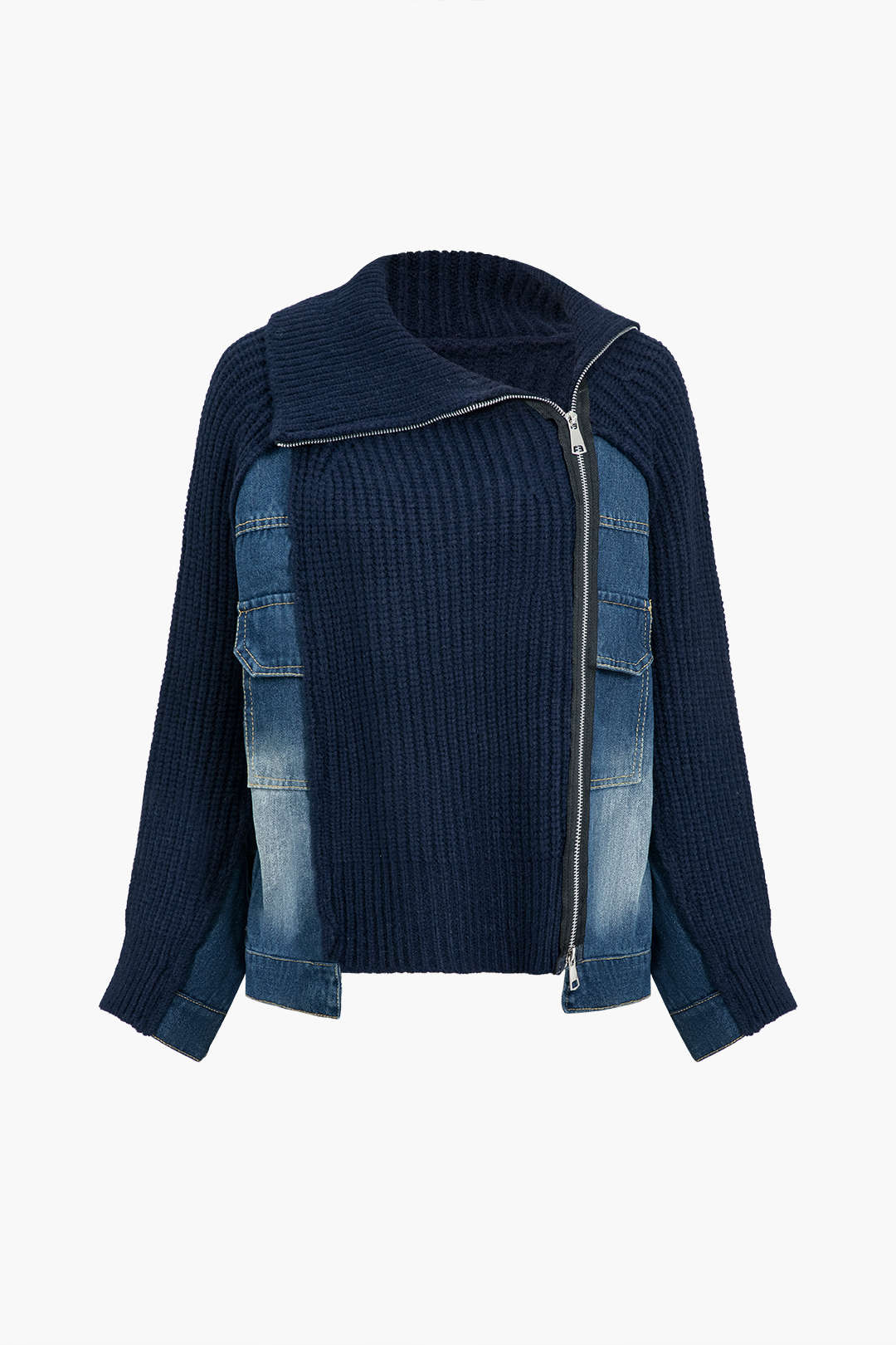 Koyu Siyah Fermuarlı Patchwork Triko Detaylı Hırka
