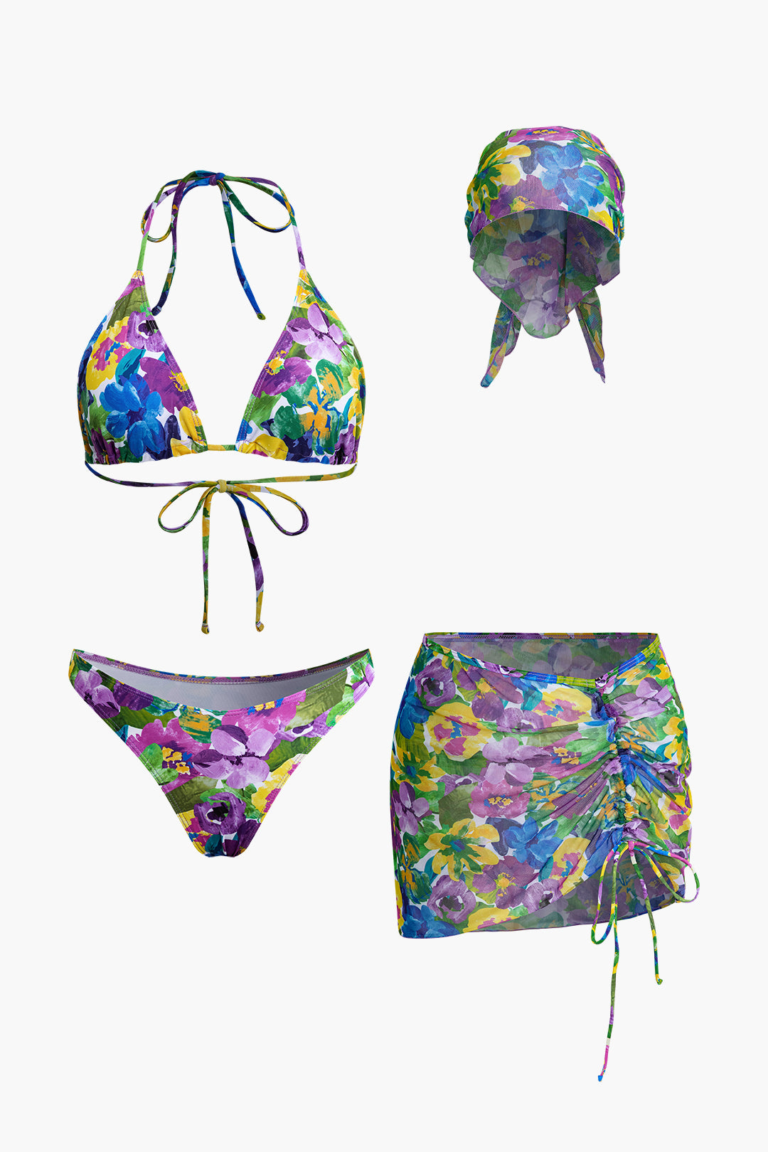 Çiçek Desenli Bikini Takımı Uyumlu Etek Kapak Ve Başörtüsü Ile