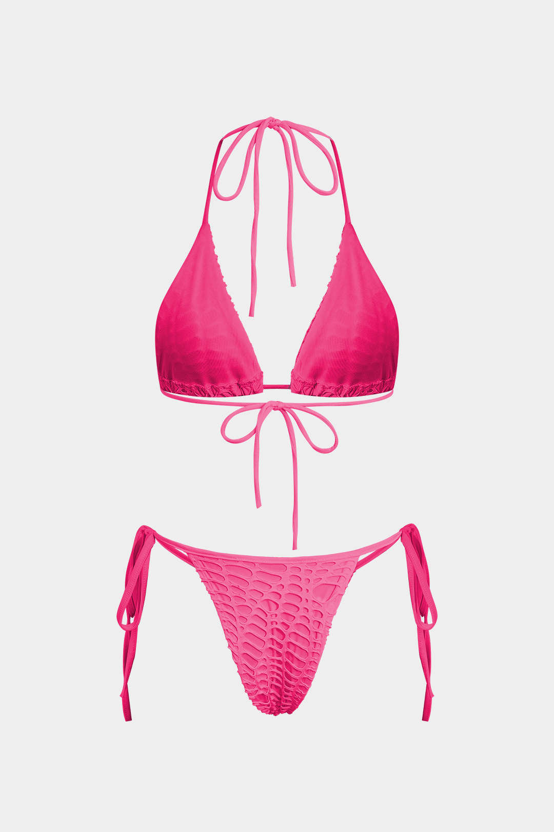 Dokulu Halter Yaka Bikini ve Açık Örgü Plaj Kıyafeti Seti