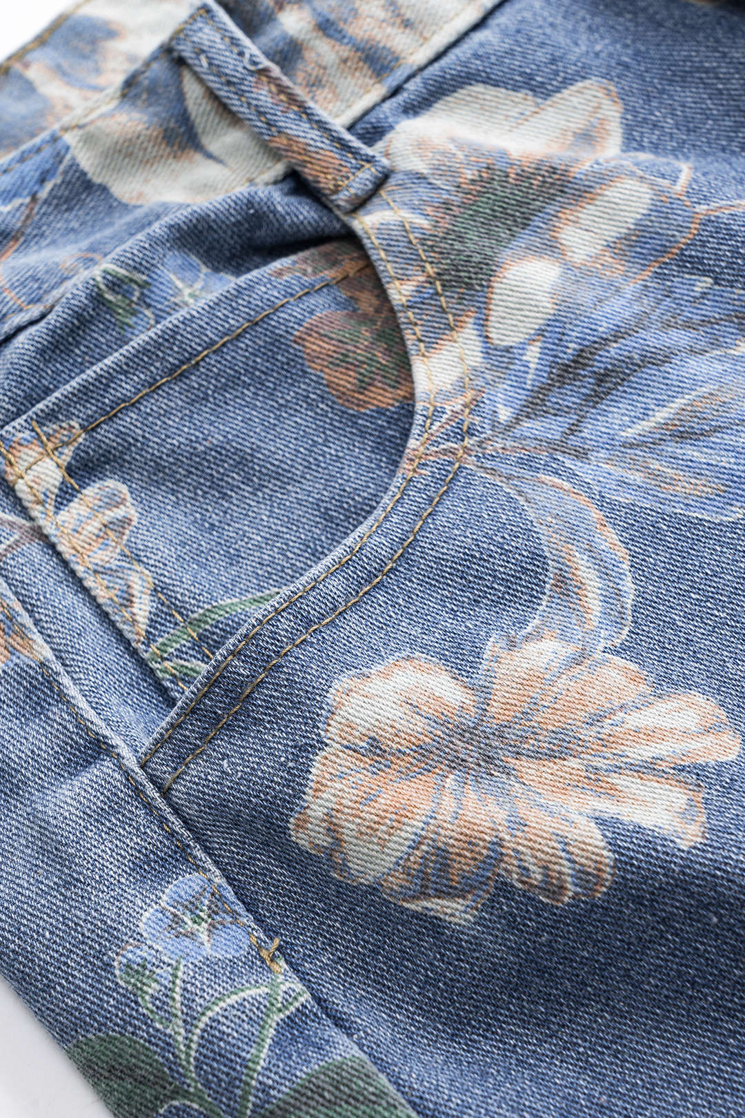 Retro Çiçek Desenli Denim Düğmeli Cep Geniş Paça Jean