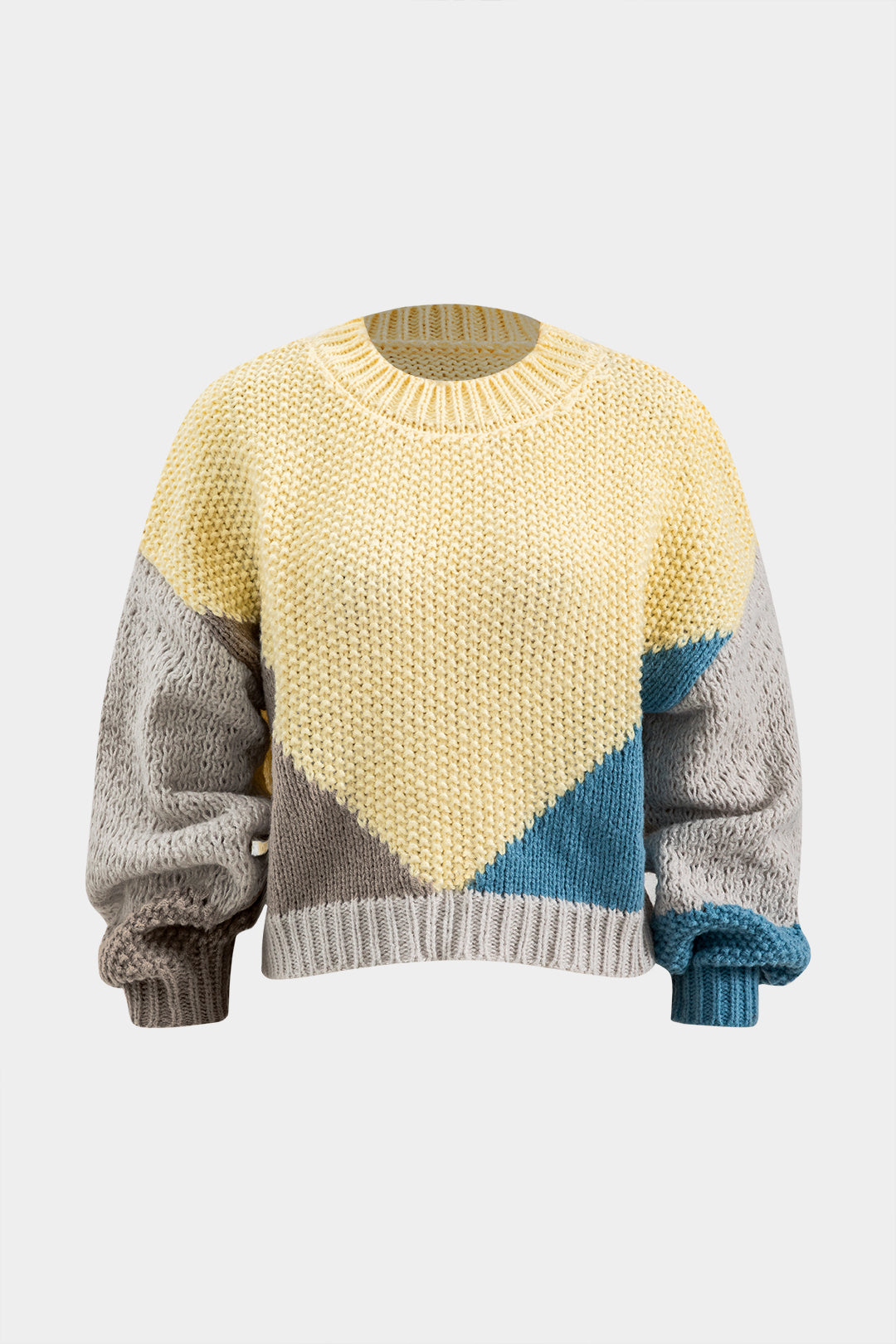 Örgü Patchwork Yuvarlak Yaka Uzun Kollu Kadın Bluz Şık