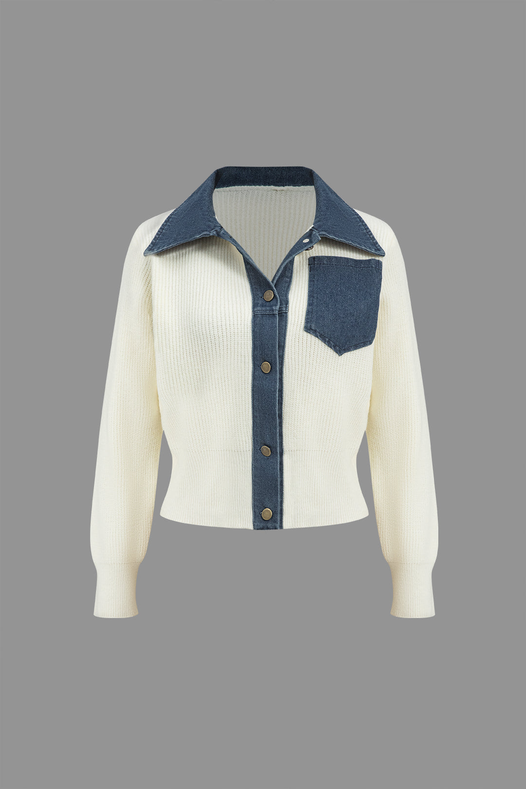 Düz Örgü Düğmeli Patchwork Cepli Uzun Kollu Üst Kadın