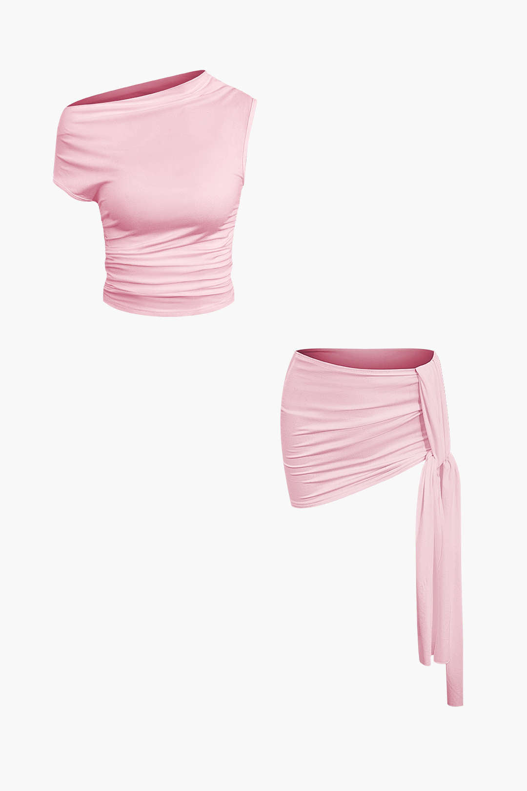 Basic Asimetrik Yırtmaçlı Crop Top Ve Bağlamalı Mini Etek Seti