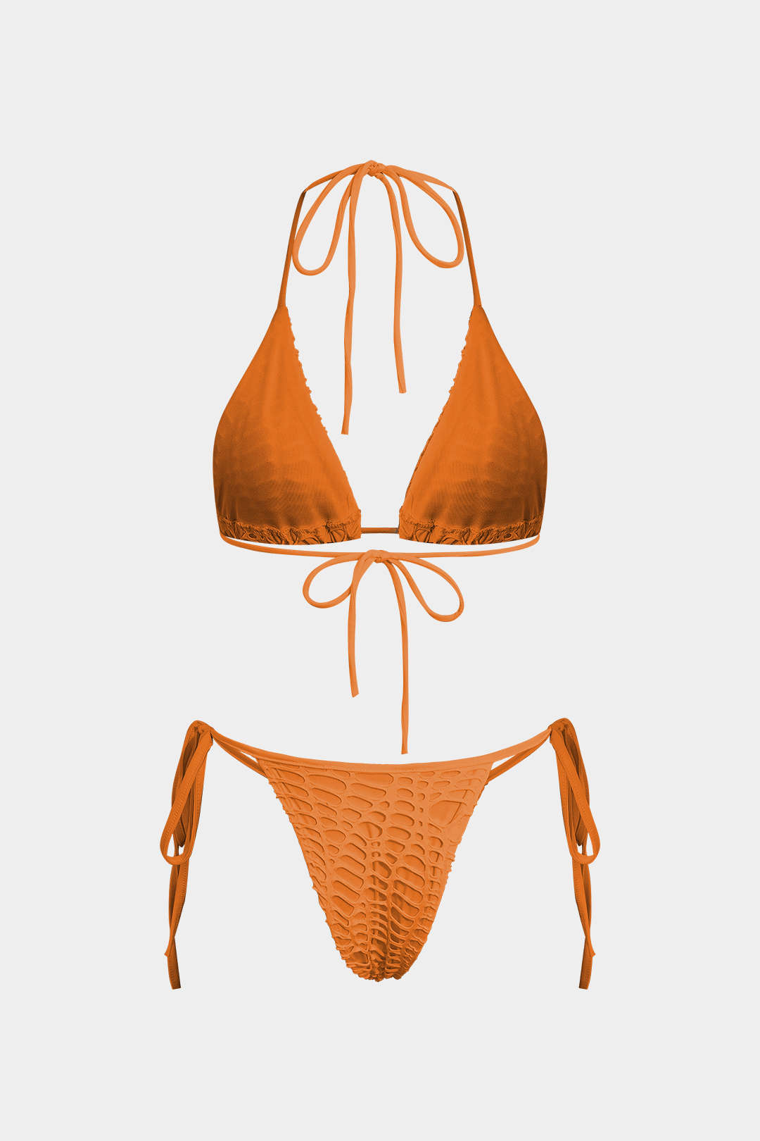 Dokulu Halter Yaka Bikini ve Açık Örgü Plaj Kıyafeti Seti
