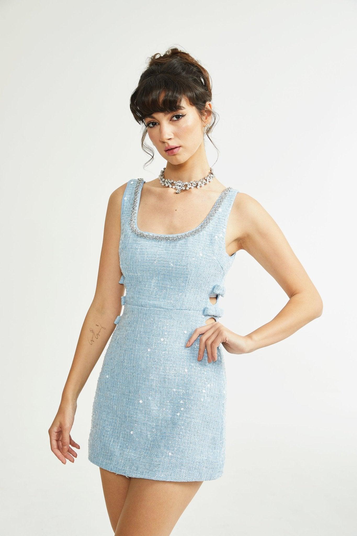 Manon Charm Açık Mavi Işıltılı Tweed Mini Elbise